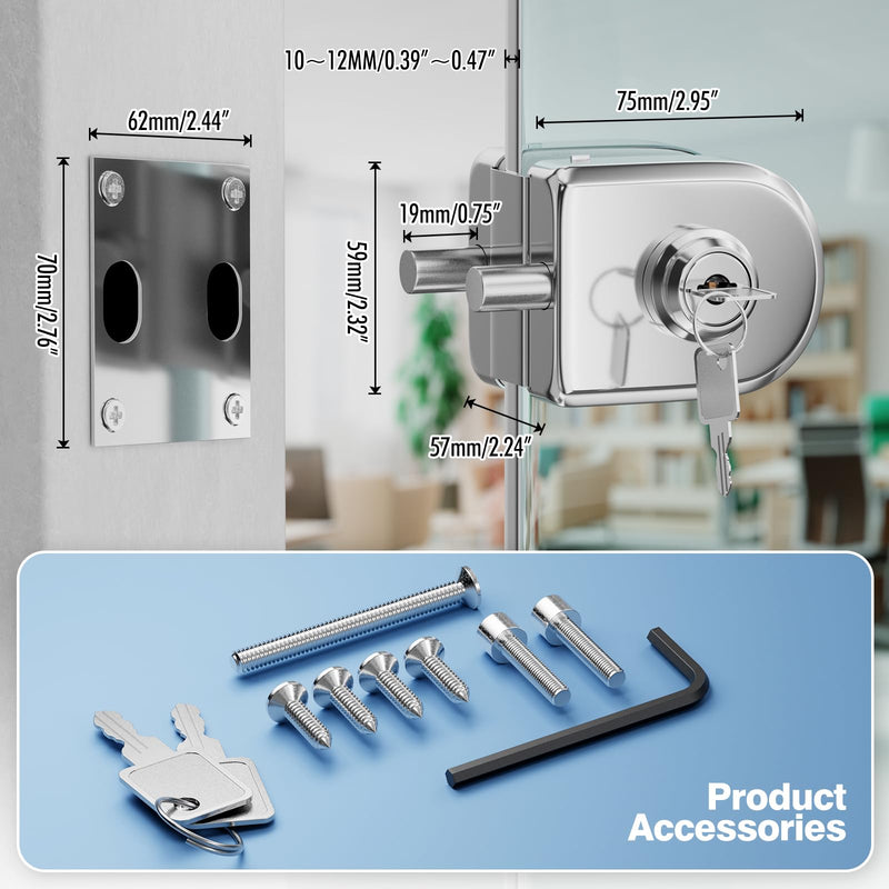 Ranbo Swinging Glass Door Latch Lock No Drilling 304 Stainless Steel Gound Bolt Lock for 3/8-1/2 Inch(10mm-12mm) Exterior and Interior Frameless Sliding Glass Door with 2 Keys, Polished Chrome LE-30A-Polished
