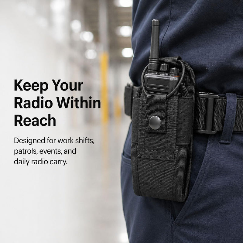 Walkie Talkie Radio Pouch, Black Two Way Radio Holder Case with Snap Button Strap and Elastic Cord, Compact Carry Pouch for Security Patrol, Warehouse, Outdoor Hiking, Event Staff