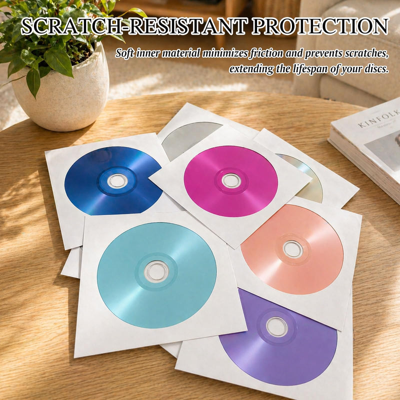 100 PCS Thick White CD/DVD Paper Sleeves with Clear Window and Flap, Dust-Proof Disc Storage Envelopes for CDs, DVDs, Music, Movies and Office Organization