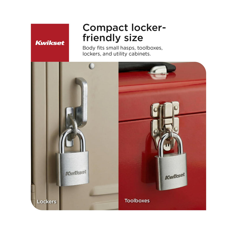 Kwikset Aluminum Padlock with Hardened Steel Shackle, Outdoor Shed and Gate Lock, 1-1/4 in Body, 5/8 in Shackle, 4 Pack Keyed Alike, Silver 5/8" Shackle