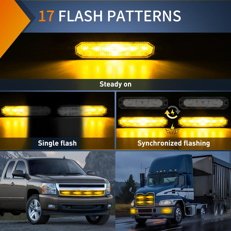 Nilight 4PCS 6LED Amber Emergency Strobe lights 12V 24V Surface Mount Flashing Warning Hazard Light Ultra Slim Sync Feature Grille for Cars Trucks Van Off Road Vehicles SUV