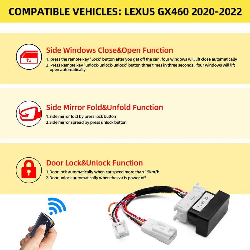 OBD GX 460 Car Auto Window Closer Open Side Mirror folder unfold and Speed Lock Kit For Lexus GX GX400 GX460 2020-2022 2020-2022 model