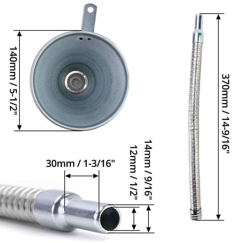 QWORK Spout Funnel with 14-9/16" Long Flexible Hose and Strainer, Steel Universal Priming Funnel for All Oils,Diesel Fuel and Other Liquids 14-9/16"