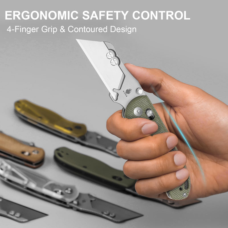 Kizer Uti Bear(New Dual-screw Version) Folding Utility Knife, Clutch Lock Box Cutter EDC Pocket knife with 5PCS Razor Blades, Pocket Knives with Pocket Clip for Men Women V3619JM1 Olive Green