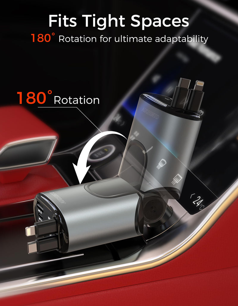 Retractable Car Charger 100W, Phone Charger USB C Fast Charging, 4 in 1 | Cigarette Lighter Adapter for iPhone 17 16 15 14 13 12 11 Samsung Pixel, Travel Essentials Car Accessories Gifts for Him Her