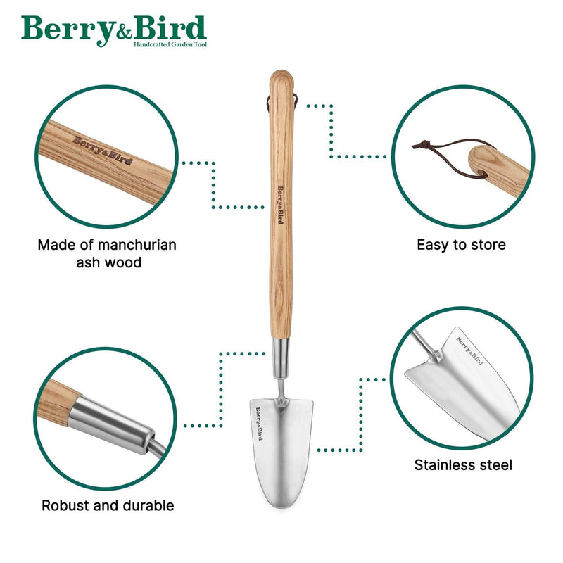 Berry&Bird Garden Trowel with Long Handle, 23.43in Stainless Steel Short Shovel with Wood Handled for Digging, Gardening, Transplanting, Planting and Weeding 23.43 inches Long Hand Trowel