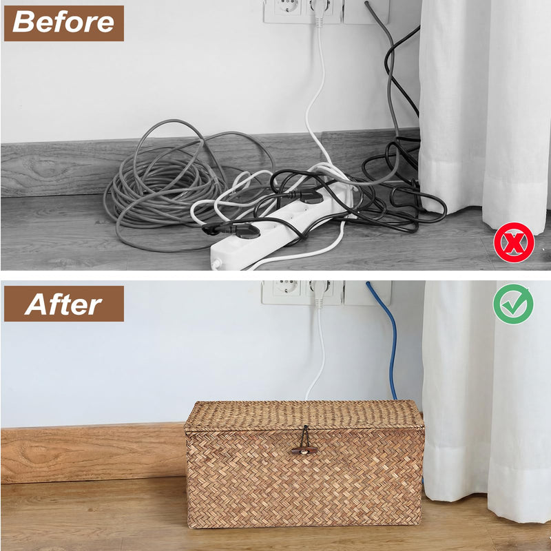 BTSKY Woven Cable Management Box with Lid, Seagrass Cord Organizer with 2 Open Slots for Power Strips & USB Hubs, Under Desk Cord Hider Box for Home Office, Pet Proofing Wire Basket, Large Coffee