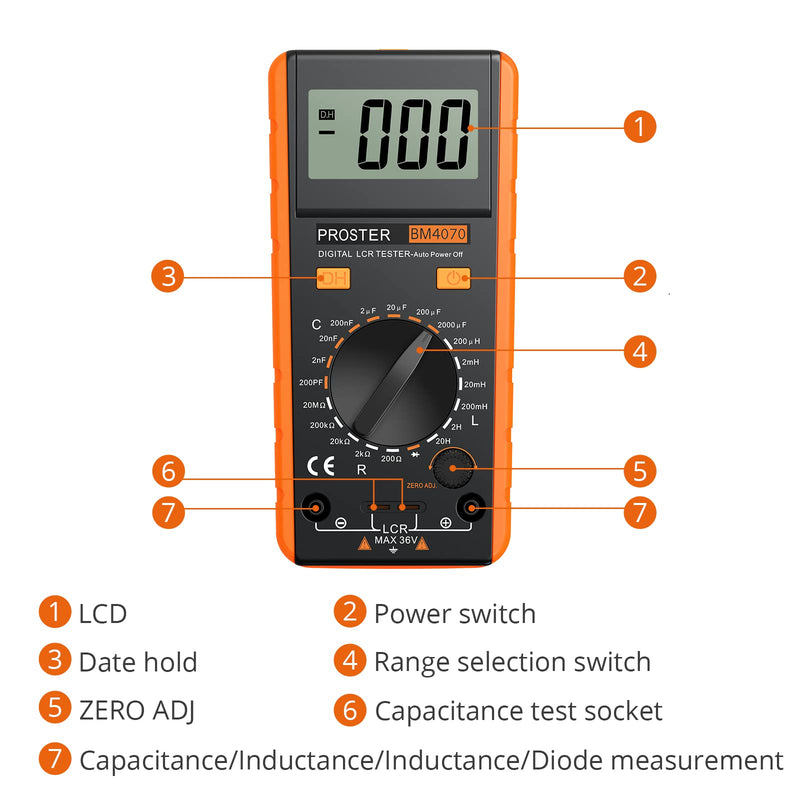 Proster LCR Meter - Capacitance Resistance Inductance Digital LCR Multimeter with LCD Over-Range Display Yellow