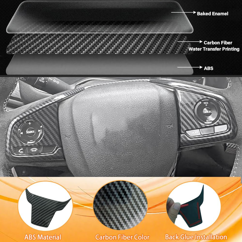 Steering Wheel Trim Decoration Steering Wheel Button Cover Trim Sticker Compatible with Honda Civic Accessories 10th Gen 2016 2017 2018 2019 2020 2021 ABS Carbon Fiber Style (6 PCS) Steering Wheel Trim 3 Pcs