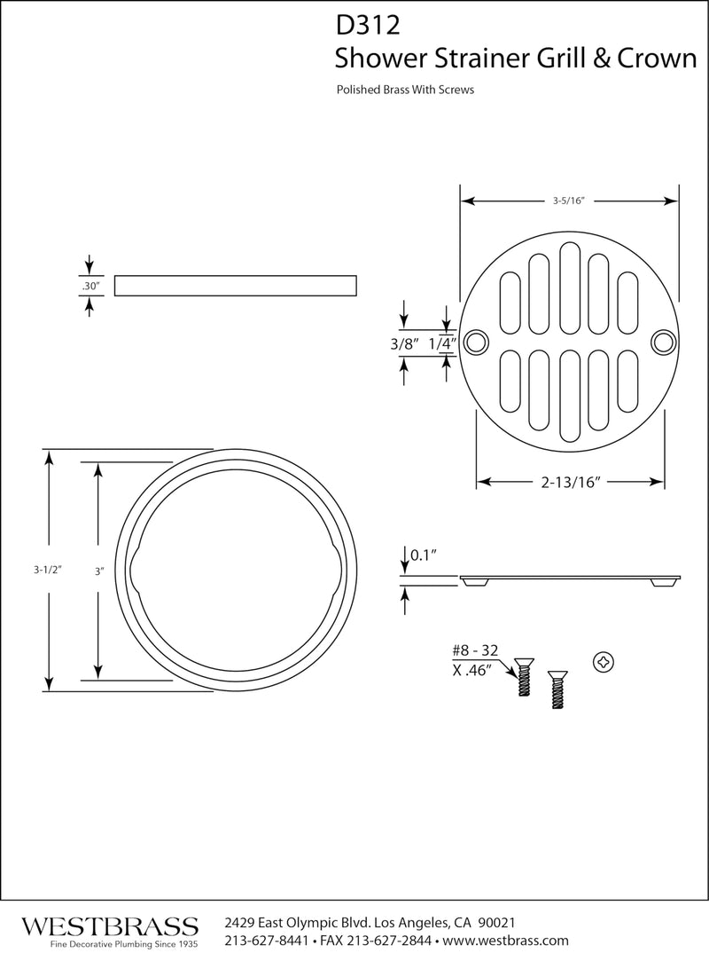 Westbrass Shower Strainer Set with Screws, Grill and Crown, Polished Brass, D312-03