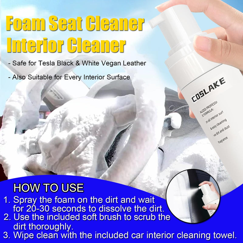 for Tesla Interior Cleaner Kit 9PCS, Foam Seat Cleaner Safe for Tesla Black & White Vegan Leather, with Screen Cleaner, Plastic Restorer, Car Detailing Kit for Model Y/3/S/X Accessories