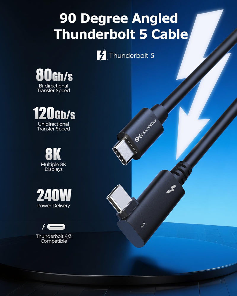 Cable Matters [Intel Certified] 80Gbps Right Angle Thunderbolt 5 Cable with up to 120Gbps Bandwidth Boost and 240W Charging - 0.8m / 2.6ft, Compatible with Thunderbolt 4, USB4, and USB C, Black