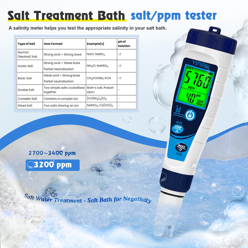 YINMIK Digital Pool Salt Tester & pH Meter, 5 in 1 Salinity Meter for Salt Water Pool, Hot Tub & Aquarium, EC TDS Temperature Tester, Professional High Accuracy