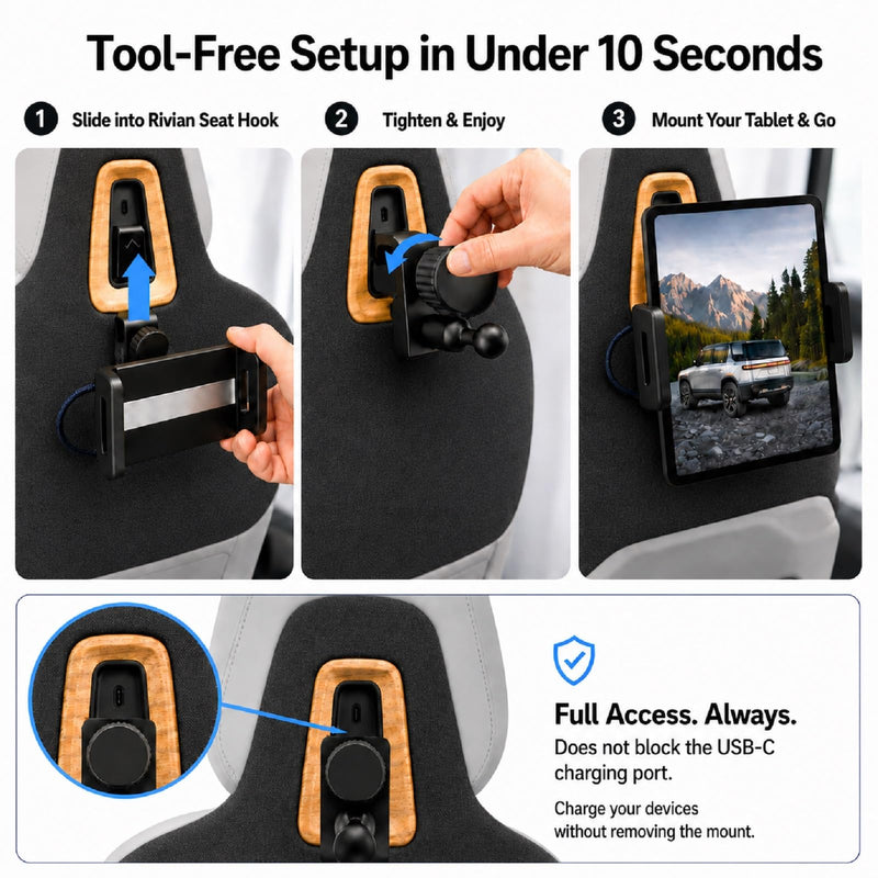 Car Headrest Tablet Holder for Rivian R1T, R1S, R2 with CNC Metal Base | Travel Essential 360° Adjustable Back Seat Tablet Mount, Compatible with iPad and Galaxy Tab for Road Trips & Family Travel