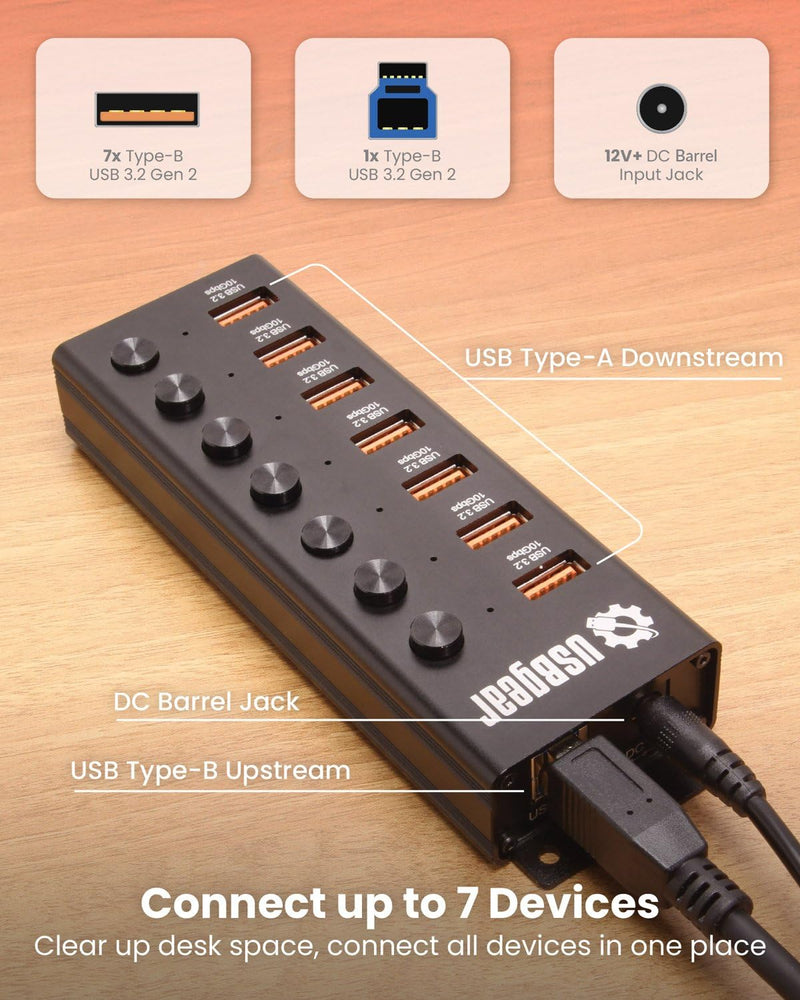 7-Port USB 3.2 Gen 2 Hub - 10Gbps, Individual Power Switches, and Mountable Design for Workspaces & Labs 7 Port Hub w/Power Switches