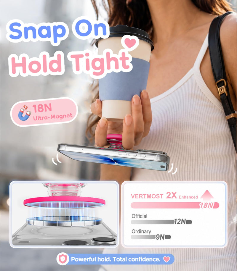 Cute Heart for MagSafe Phone Grip, Soft Silicone, Neonpink | Magnetic Finger Grip Holder & Adjustable Kickstand, One-Touch Attachment for iPhone 17 16 15 14 13 12 11 Samsung