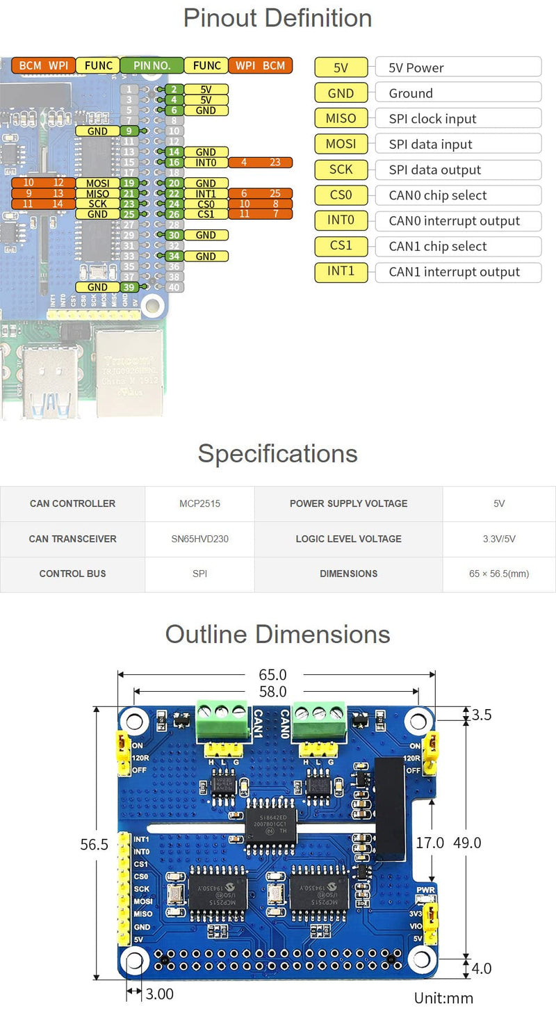 Waveshare 2-Channel Isolated CAN Bus Expansion HAT, Compatible with Raspberry Pi 5/4B/3B/Zero/Zero W/Zero 2W/Pico/Pico W/Pico WH,MCP2515 + SN65HVD230 Dual Chips Solution, Multi Protection Circuits