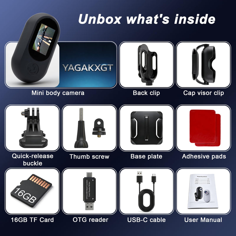 Mini Body Camera with Memory Card, 1" Screen POV Body Cam, Wearable Camera for Vlogging, Thumb Action Camera for Outdoor Sports, Cycling, Hiking, Fishing, Gifts for Men Dad Him Black