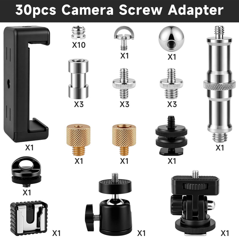 30Pack Camera Tripod Screw Mount Kit, 1/4" & 3/8" Camera Screw Adapter | with Ball Head, Cold Shoe Mount, Phone Clamp, Flash Hot Shoe Adapter for Camera, Tripod, Ring Light, Mic & LED Video Light