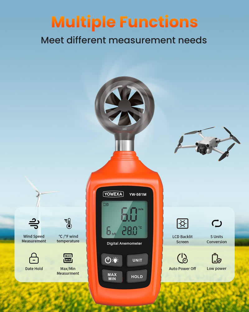 Digital Anemometer, YOWEXA Portable Wind Speed Meter with Backlight Screen, Air Flow Tester Supports Wind Chill Alert, Wind Checkers for Hunting HVAC Drone Sailing Golf Shooting Basic