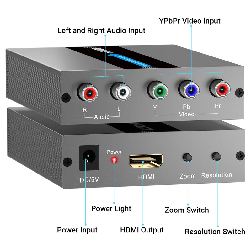 Component to HDMI Converter with Scaling Function, Support Resolution and Frame Rate Conversion, YPbPr to HDMI Converter for Component Devices to Display on HDTVs(Not Compatible with 240P Input)