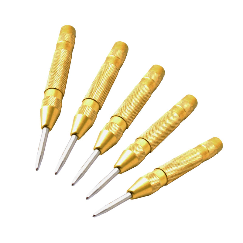 TEMO 5 pc Heavy Duty Automatic Center Punch, 5 Inch Premium Steel Spring Loaded Automatic Center Hole Punch for Metel, Plastics, Wood, Glass Count of 5