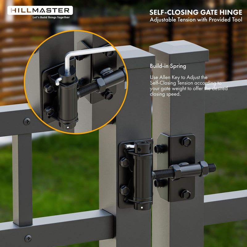 Heavy Duty Self Closing Gate Hinges for Metal/Vinyl/PVC/Wood Fence,90 Degree Narrow Wood Door Hinges with Adjustable Tension,Gate Closer Hinges for Swing Door,Gate Hardware Kit,2 Pack/Set,Black Finish