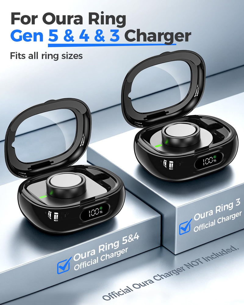 Goton Portable Charging Case Compatible for Oura Ring Gen 5 & 4 & 3 Charger | (Official Charger NOT Included), 2000mAh Travel Wireless Power Station with Digital Display, 45-Day Runtime, Universal Fit Black