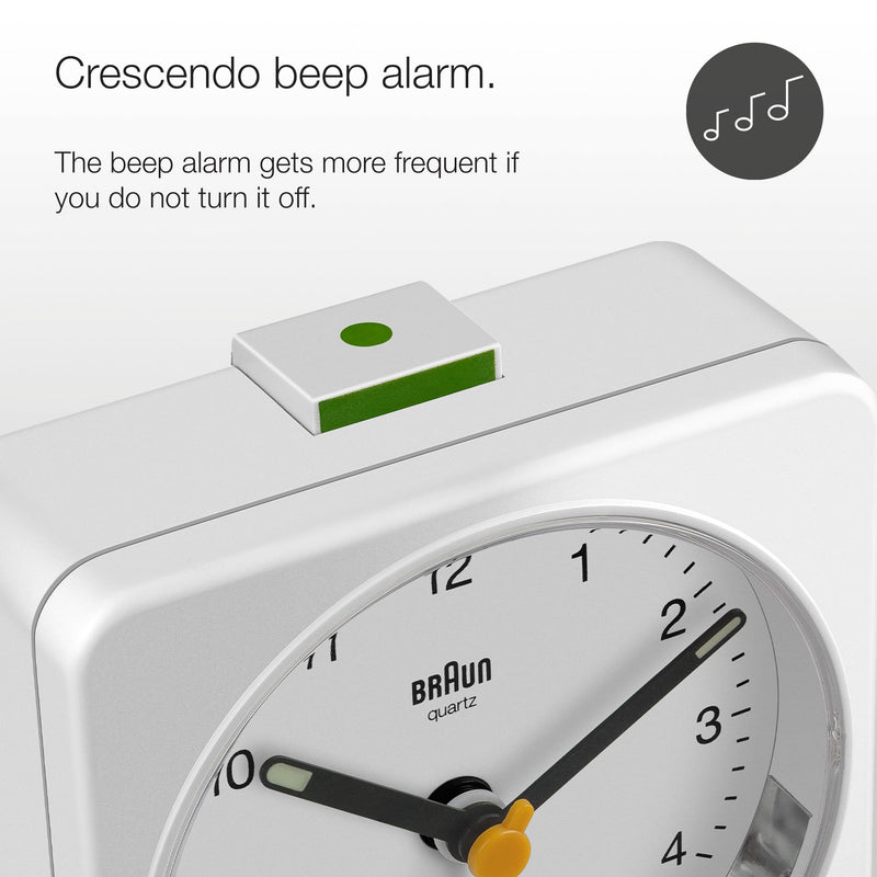 Braun Classic Analogue Alarm Clock with Snooze and Light, Quiet Quartz Sweeping Movement, Crescendo Beep Alarm in White, Model BC03W. Small