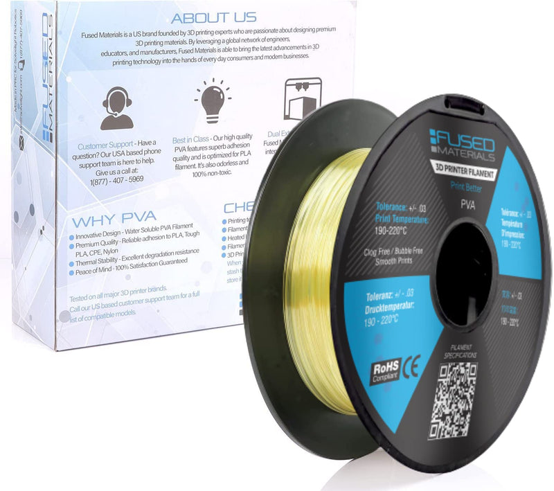 Fused Materials PVA Filament 1.75mm – Water-Soluble Support Material for 3D Printing – Compatible with Bambu Lab, Polymaker, Overture, and More – Works with PLA, PETG, Nylon, ABS – Clear & Transparent Clear, 1.75mm, 0.5kg