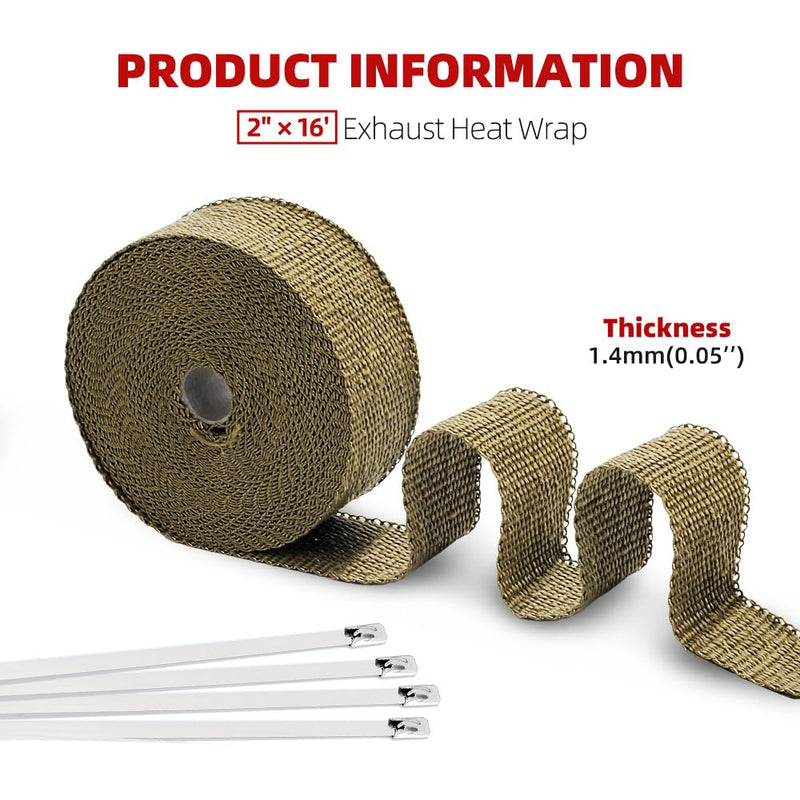 2" x 16' Titanium Exhaust Heat Wrap Roll for Motorcycle Cars Heat Shield Tape, Heat Shield with Stainless Steel Tie 2" x 16'
