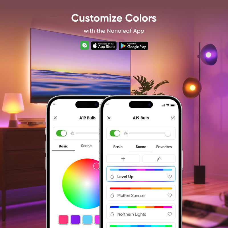 Nanoleaf Essentials Smart Light Bulbs, Matter Smart LED Bulbs Work with Alexa & Google Home, 1000lm 16M+ RGBTW Color Changing Light Bulb, Music Sync A19 E26 2.4GHz WiFi Bluetooth Light Bulb 60W, 4PK 4 Pack