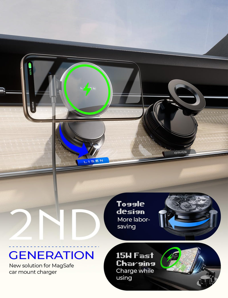 LISEN 15W Magsafe Car Mount Charger，[Lever Lock] Suction Cup Phone Holder,360° Vacuum Magnetic Car Phone Holder Charger Wireless for iPhone 17 Pro Max Air 16-12,Pixel 10,Samsung with MagSafe Case Black