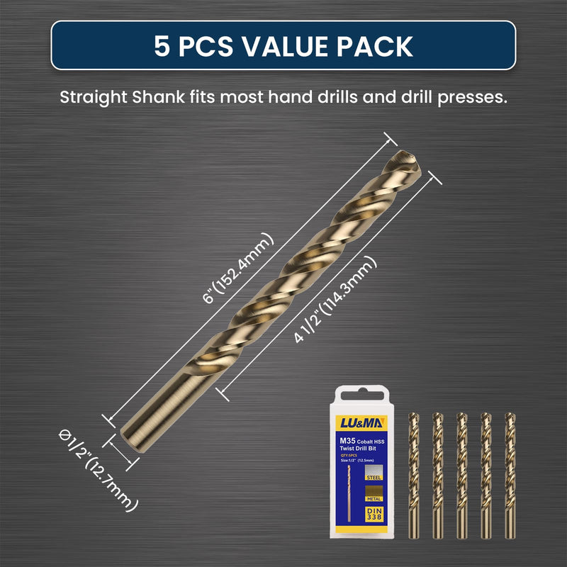 LU&MN M35 Jobber Drill Bits - M35 Cobalt HSS Ultra Hardness & Heat-Resistant - 135° Split Point, Straight Shank - Drilling for Cast Iron, Aluminum and Other Metal - 1/2", 5 pcs 1/2 in