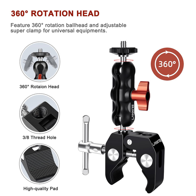 Super Clamp Camera Mount with Double Ball Head Adapter - Compatible with Canon Nikon DSLR, Gopro, LED Lights, Ronin-M/MX, Freefly MOVI - 360° Rotation - 1/4"-20 & 3/8"-16 Threaded Holes