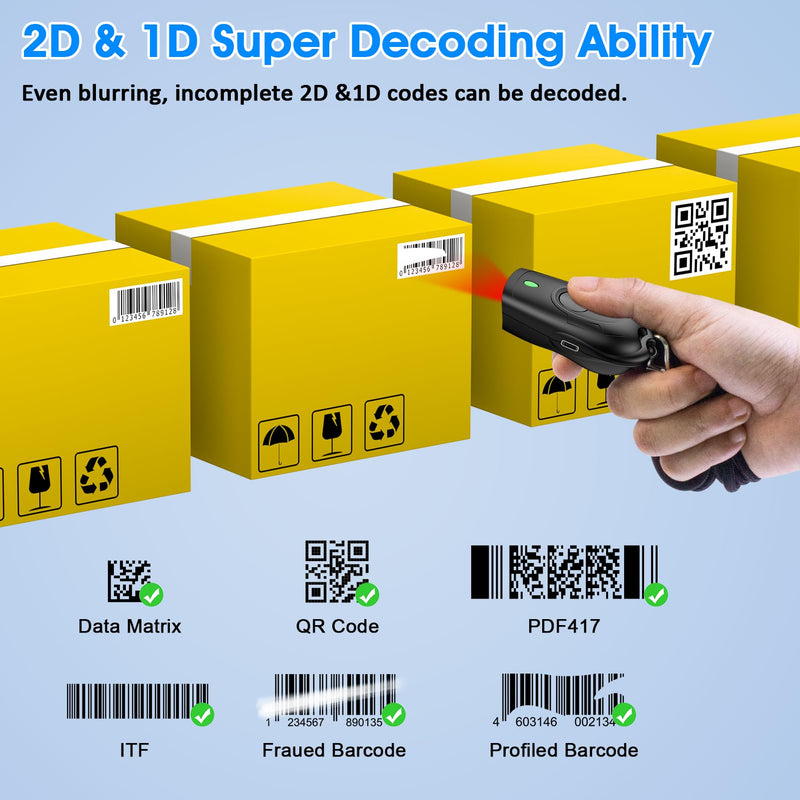 Symcode Bluetooth 2D Barcode Scanner Mini QR Portable Barcode Scanner 3-in-1 Bluetooth & 2.4G Wireless & USB Wired Barcode Scanner with Android,iOS,Computers,Windows, 2D QR Black