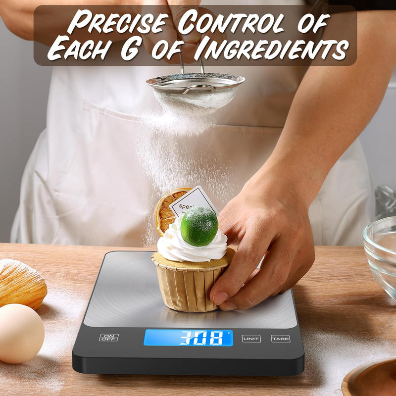 NASA-Grade 33lb Digital Kitchen Scale, Precisely Measures Grams and Ounces for Baking and Cooking,304 Stainless Steel Silver Black