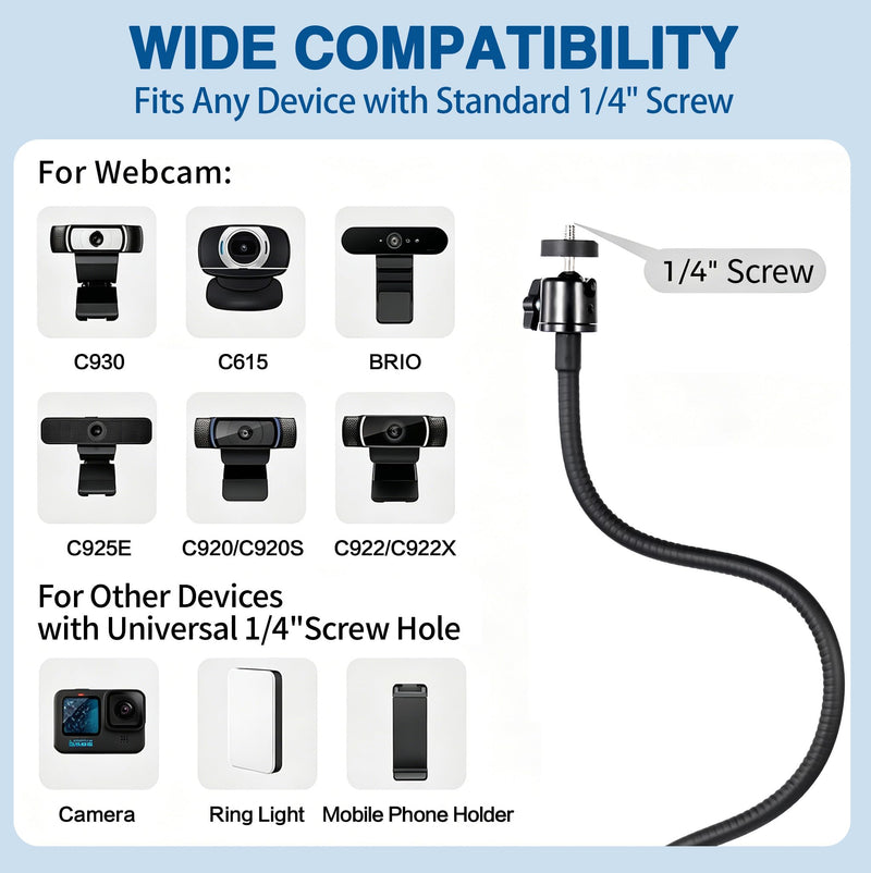 Webcam Stand Mount, Flexible Gooseneck Webcam Arm Stand with Desk Camera Mount Clip Clamp for Logitech C922 C930e C920S C920 C615 C960 C920x Brio 4K NexiGo N60 and More