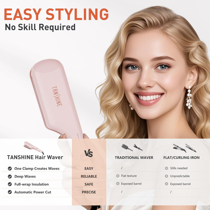  [AUSTRALIA] - TANSHINE 32mm Hair Waver Beach Wave Curling Iron Pink | Ceramic coating, 5 temp 120-200°C, CE anti-scald, dual voltage 110-240V, 60s heat-up, ions, all hair, hair crimper 1.25 Inch