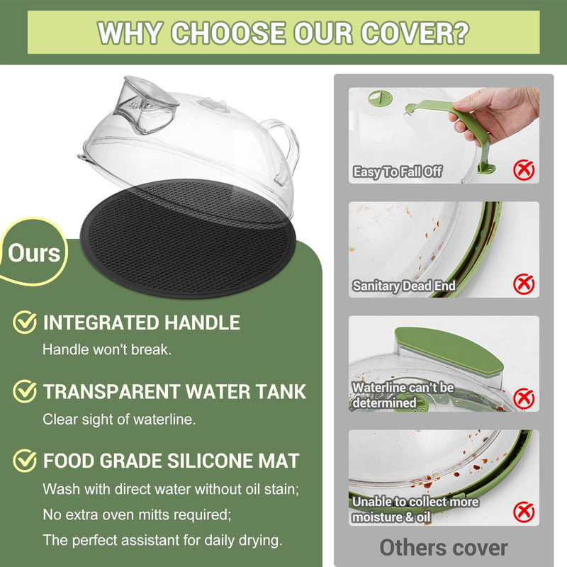 Microwave Splatter Cover for Food, Clear Microwave Lid with Water Steamer, Integrated Handle, Splatter Guard, 10” Plate Covers & 12" Mat, BPA-Free, Essential Kitchen Gadgets and Accessories 10.5"×10.5"×4.2" transparent