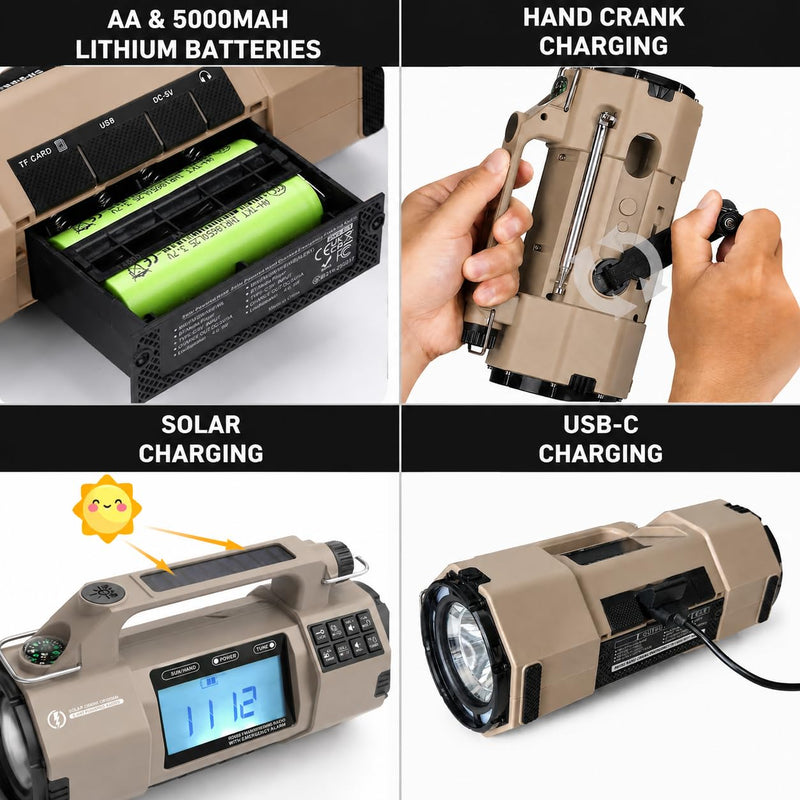 NOAA Weather Radio Emergency Radio with Hand Crank & Solar Charging | AM FM SW Weather Alert 5000mAh Battery, Phone Charger, Flashlight & SOS Alarm for Hurricane, Storm, Camping and Emergency Kit