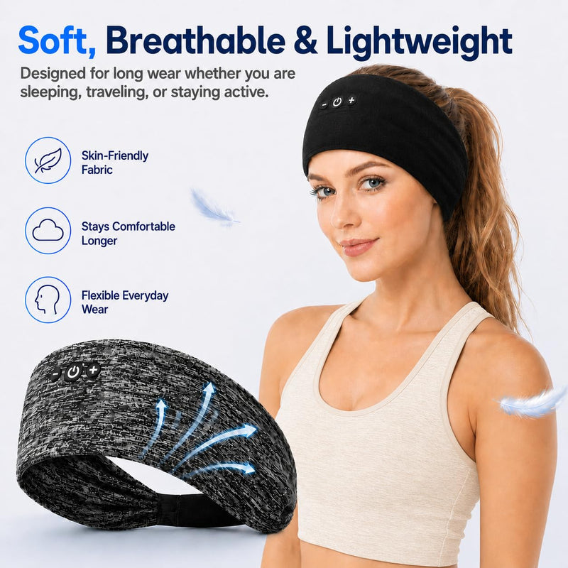 2-Pack Sleep Headphones Bluetooth Headband with Thin Speakers-Black&Gray | Headband Headphones for Sleeping & Sports, No Ear Pressure for Side Sleepers,12-Hour Battery, Works with All Bluetooth Device Black&Grey