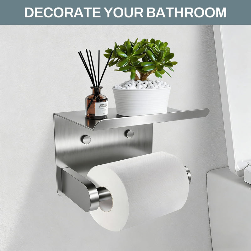 SetSail Toilet Paper Holder with Shelf Adhesive or Screw-in Bathroom Toilet Paper Roll Holders Wall Mount Brushed Nickel Heavy-Duty Tissue Holder for Bathroom Hardware Accessories, 2 Packs