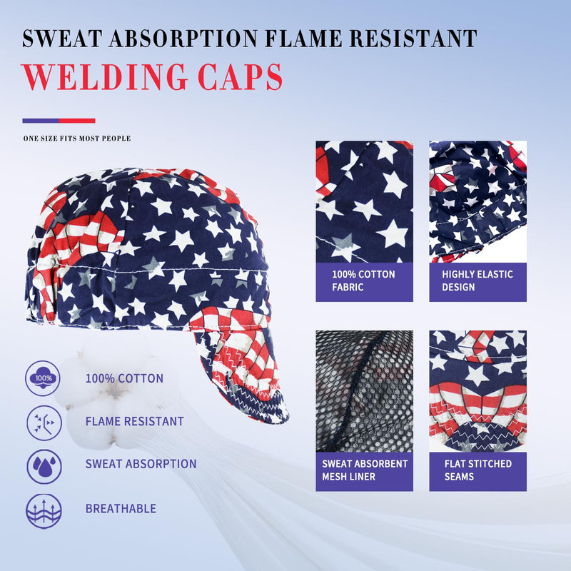 Welding Cap 100% Cotton Welding Caps for Men 3 Pcs Mesh Inside Sweat Absorption Flame Resistant Protective Welders Cap with Elastic Welding Helmet