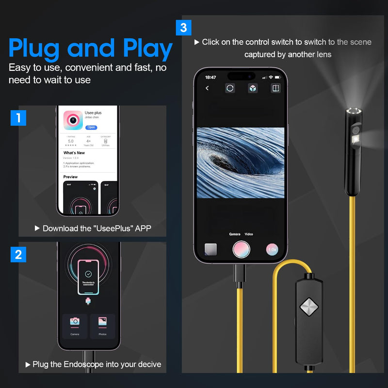 Endoscope with Light, 1920P HD Borescope with 8 Adjustable LED Lights, 32.8FT Semi-Rigid Snake Camera, IP67 Waterproof Inspection Tool for iPhone & Android - Dual Lens