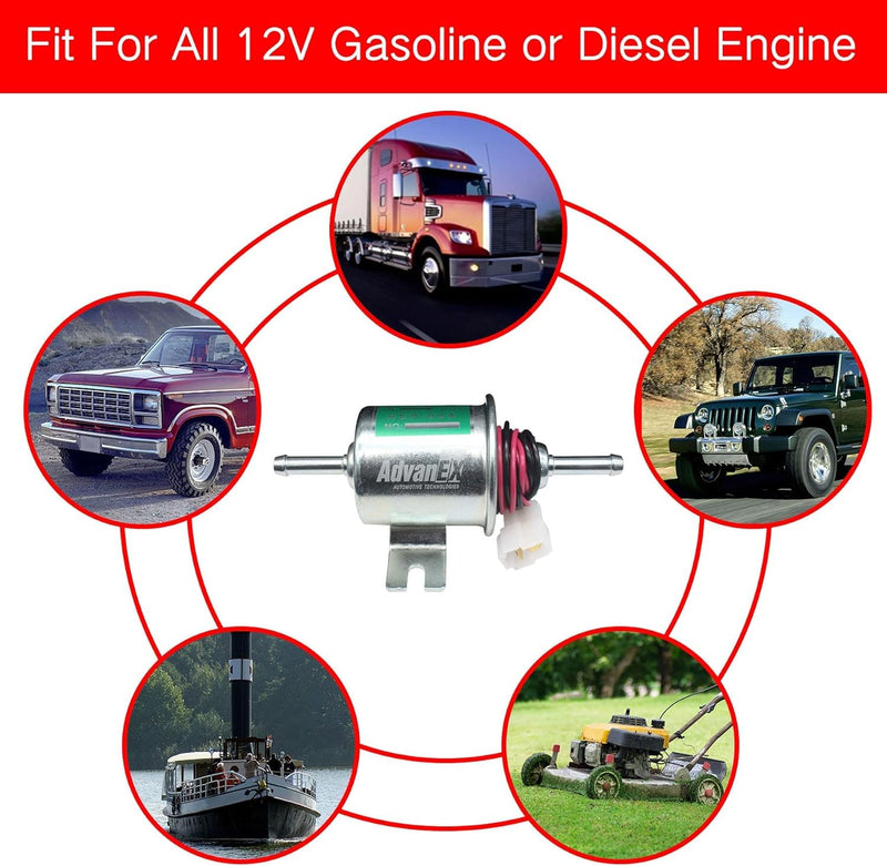 Electric Fuel Pump 12V Universal Low Pressure 5-9 PSI Gas Diesel Inline Metal Solid Petrol Compatible with Carburetor HEP-02A HEP-02A(5-9 PSI)
