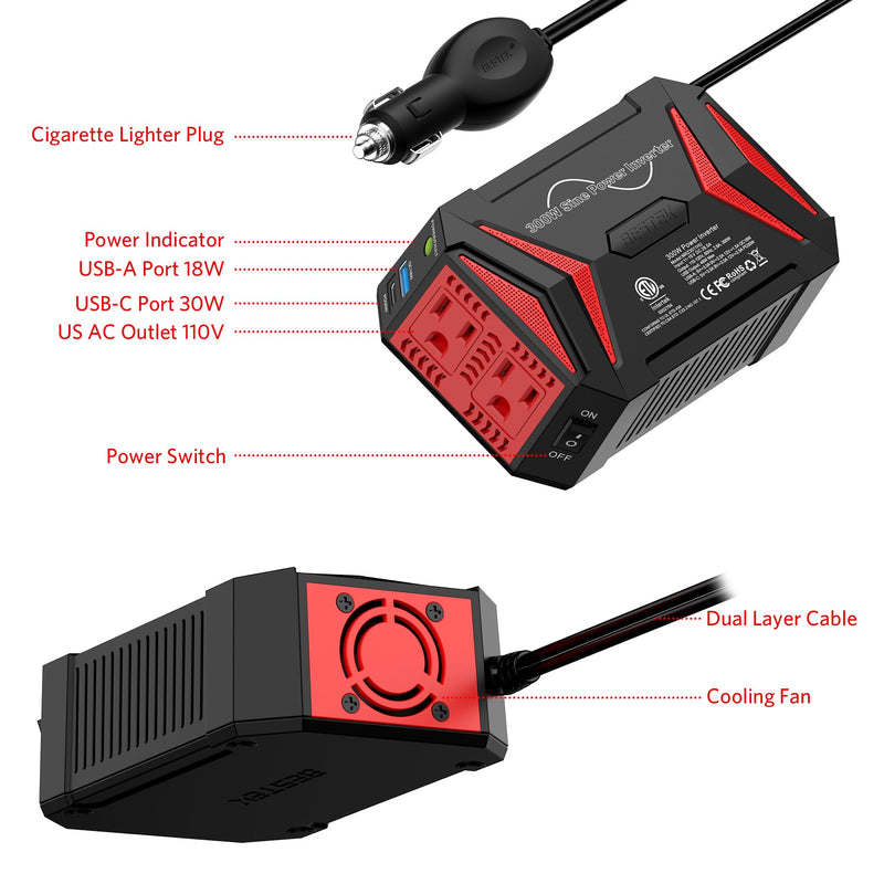 BESTEK 300W Pure Sine Wave Power Inverter - DC 12V to 110V AC Car Converter Plug Adapter Outlet with PD30W USB-C Fast Charger - Vehicle Cigarette Lighter Adapter for Laptop