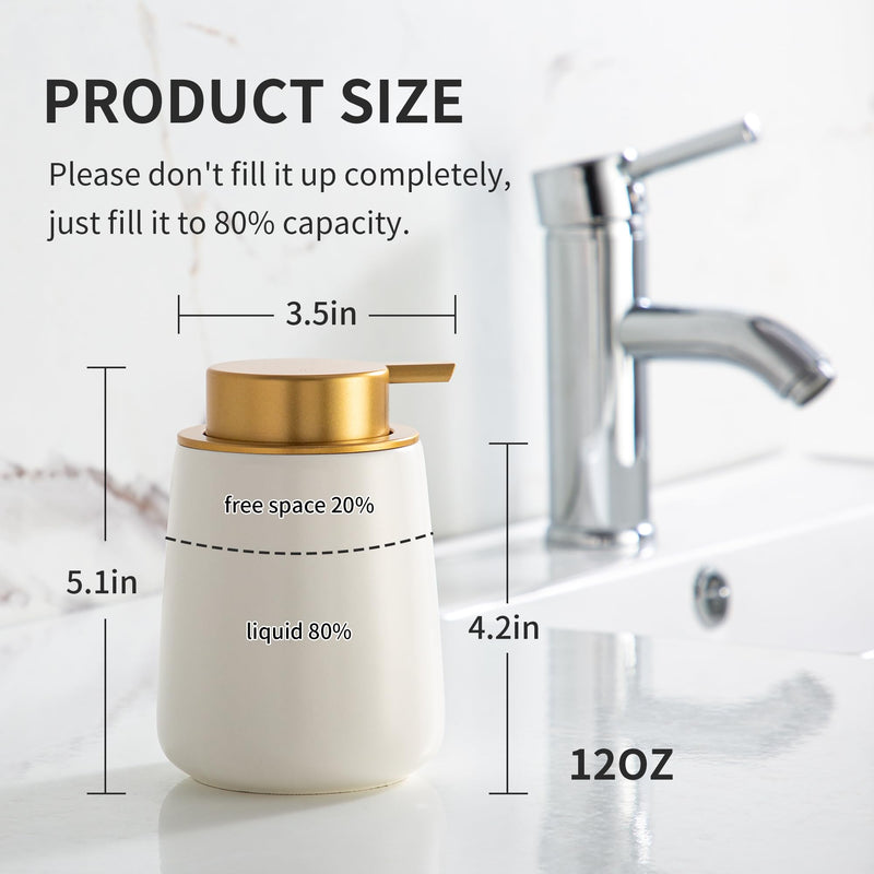 Enra Ceramic Soap Dispenser,12 oz Hand Lotion Dispenser with Gold Pump,Refillable Dish Soap Dispenser,Modern Liquid Soap Dispenser for Bathroom,Kitchen with Easy-to-Press Pump Liquid-white-gold Pump