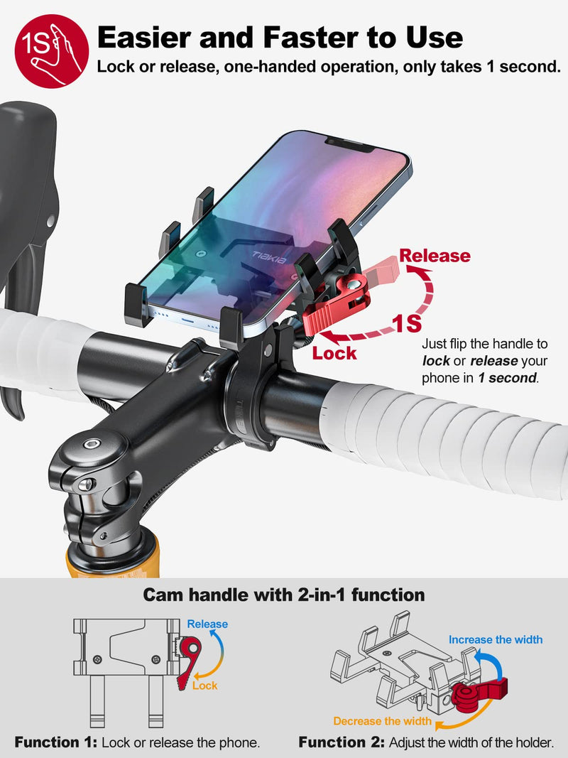 Tiakia Bike Phone Mount Holder, Aluminum Motorcycle Phone Mount, Handlebar Mounted Cell Phone Holder for Bike, 360° Rotation, Universal Bicycle Phone Mount for 4.5-7 Inch Phones Black Red