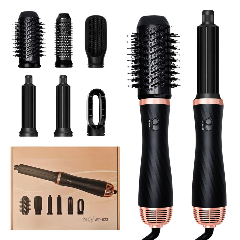 2026 New Thermal Brush - 6 in 1 Airstyler Hot Air Brush Set - Hair Styler Styling Brush Set with Hair Dryer-Blow Dryer Hair Curler Hot Brush Massage for All Hair Types Volumizing/Curling/Straightening Black